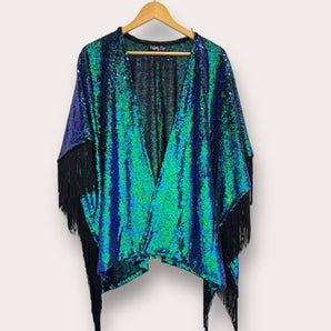 Sequin Kimono Mermaid Green with Black Fringing