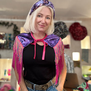 Purple Sequin and Multicoloured Tassel Shoulder Cape