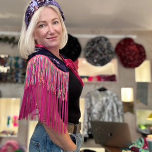 Purple Sequin and Multicoloured Tassel Shoulder Cape