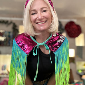 Pink and Green Sequin and Tassel Shoulder Cape