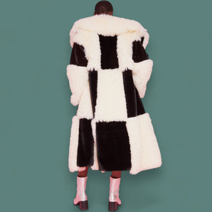 Black and white check Bamboo Blend Faux Fur Long Coat