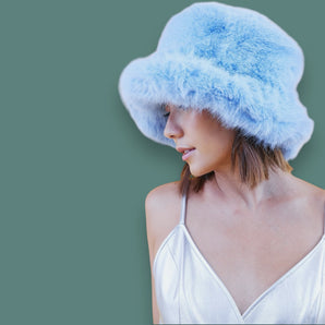 Light Blue Bamboo Blend Faux Fur Eco Fluffy Hat