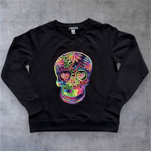 Sequin Neon Skull Embellished Black Sweat-top