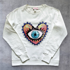 Blue Sequin Heart and Eye  Embellished White Sweat-top