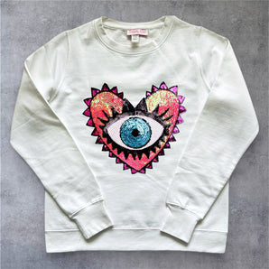 Pink Sequin Heart and Eye  Embellished White Sweat-top