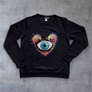 Blue Sequin Heart and Eye  Embellished Black Sweat-top