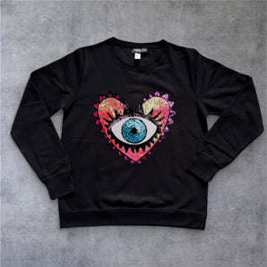 Pink Sequin Heart and Eye  Embellished Black Sweat-top