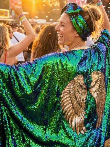handmade sequin kimono with gold wings perfect for festivals
