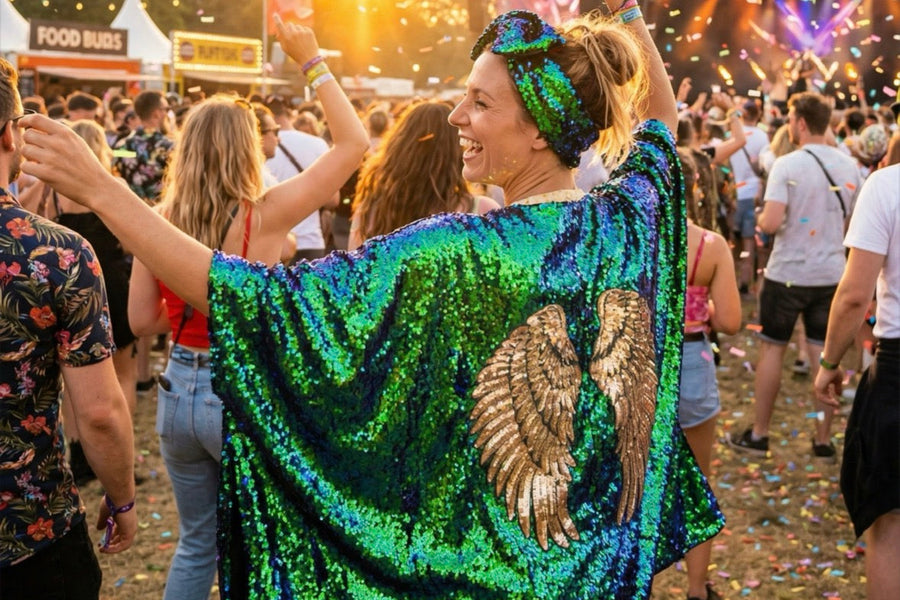 handmade sequin kimono with gold wings perfect for festivals