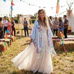 Heavy Weight Sequin Kimono Iridescent white and pink with large iridescent sequin tassels fringing
