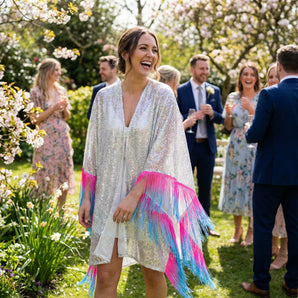 Silver Sequin Kimono with Pink and Blue Tassel Fringe
