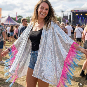 Silver Sequin Kimono with Pink and Blue Tassel Fringe