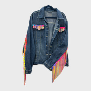 Denim Jacket with Tassel Fringing and Pom Pops