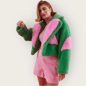 Bamboo Blend Faux Fur Green and Pink Heart Design Cropped Jacket