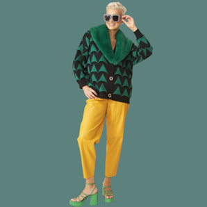 Faux Fur Collar Cashmere and Banana Peel Cardigan