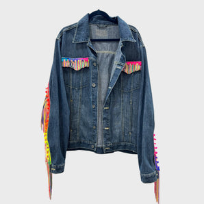 Denim Jacket with Tassel Fringing and Pom Pops