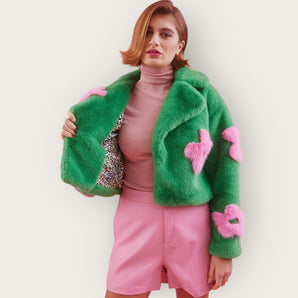 Bamboo Blend Faux Fur Green and Pink Flower Design Cropped Jacket