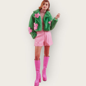 Bamboo Blend Faux Fur Green and Pink Flower Design Cropped Jacket