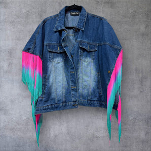 Denim Kimono Jacket with Pink Rainbow Fringe