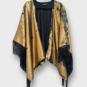 Sequin Kimono Gold and Black Two-Tone with Black Fringe