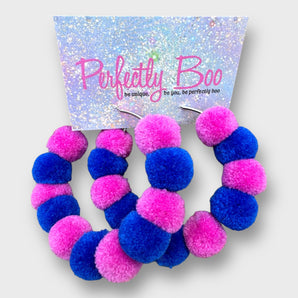 Large Handmade Bright Pink and Blue Pom-Pom Earrings