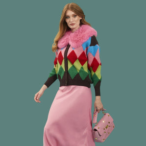 Faux Fur Collar Cashmere and Banana Peel Cardigan