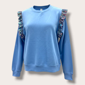 Sequin Iridescent Shoulder Ruffles Light Blue Sweat-top