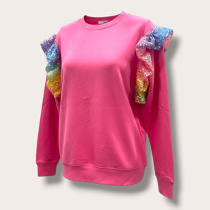 Sequin Rainbow Shoulder Ruffles Dark Pink Sweat-top