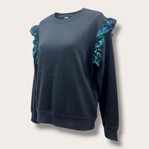 Sequin Green Shoulder Ruffles Navy Blue Sweat-top