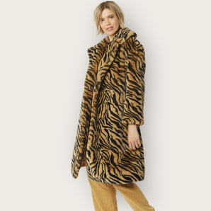 Longer Length Tiger Print Faux Fur Jacket