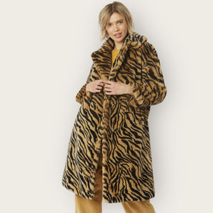 Longer Length Tiger Print Faux Fur Jacket