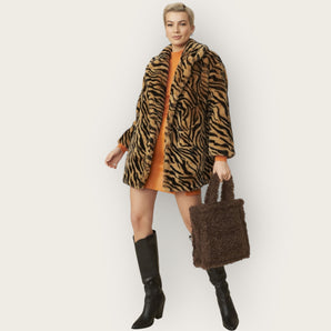 Mid Length Tiger Print Faux Fur Jacket