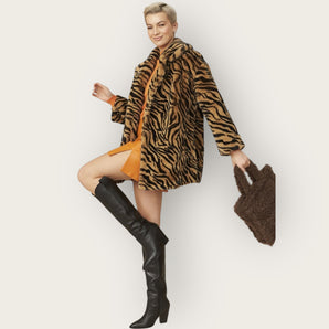 Mid Length Tiger Print Faux Fur Jacket