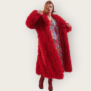 Bamboo Blend Faux Fur Shearling Red Coat