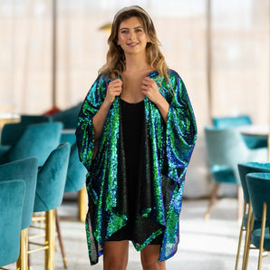 Sequin Kimono Mermaid Green with Gold Angel Wings Appliqué