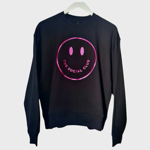 Metallic Pink Smiley Face Black Sweatshirt 'Social Club London'