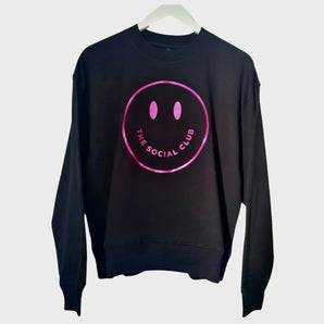 Metallic Pink Smiley Face Black Sweat Shirt 'Social Club London'