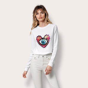 Pink Sequin Heart and Eye  Embellished White Sweat-top