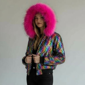 Sequin Multicoloured Jacket with Pink Faux Fur Trim Hood
