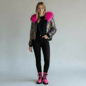 Sequin Multicoloured Jacket with Pink Faux Fur Trim Hood