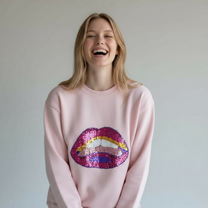 Sequin lips Embellished Pink Sweat-top