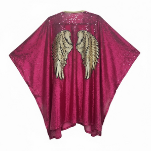 Sequin Kimono Hot Pink with Gold Wings Appliqué