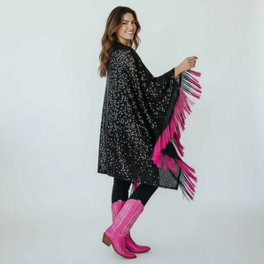 Sequin Kimono Black  with Pink and Black Fringing