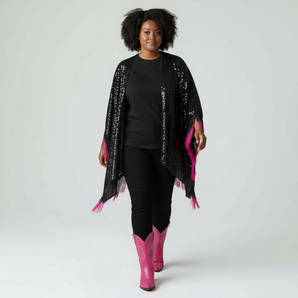 Sequin Kimono Black  with Pink and Black Fringing
