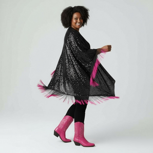 Sequin Kimono Black  with Pink and Black Fringing