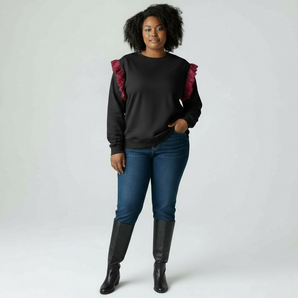 Sequin Pink Shoulder Ruffles Black Sweat-top