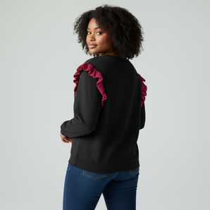 Sequin Pink Shoulder Ruffles Black Sweat-top