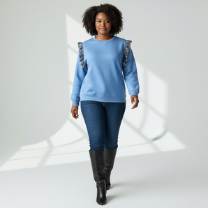 Sequin Iridescent Shoulder Ruffles Light Blue Sweat-top