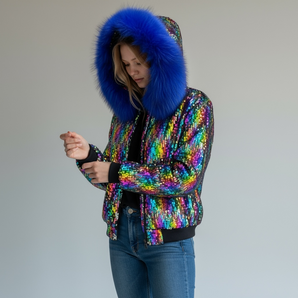 Sequin Multicoloured Jacket with Blue Faux Fur Trim Hood