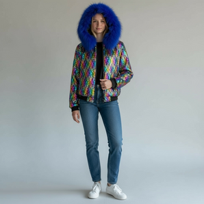 Sequin Multicoloured Jacket with Blue Faux Fur Trim Hood